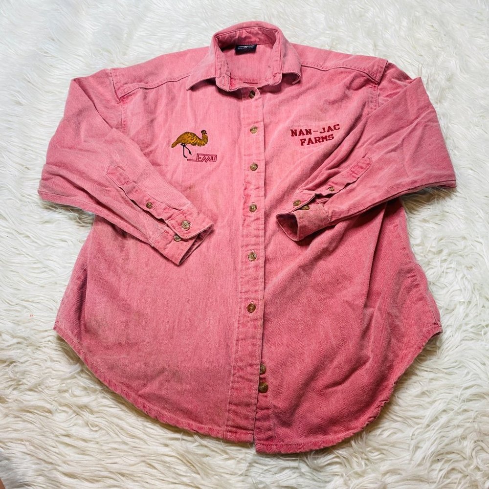 Three Rivers Emu Button Up Pink‎ Long Sleeve Embroidered NAN-JAC FARMS Shirt M